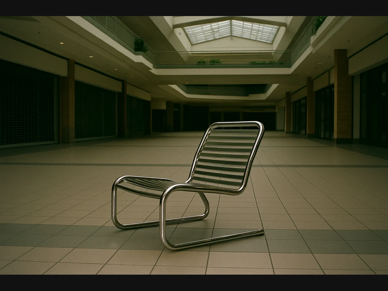 Tubular chrome lounge chair in an empty shopping-mall concourse