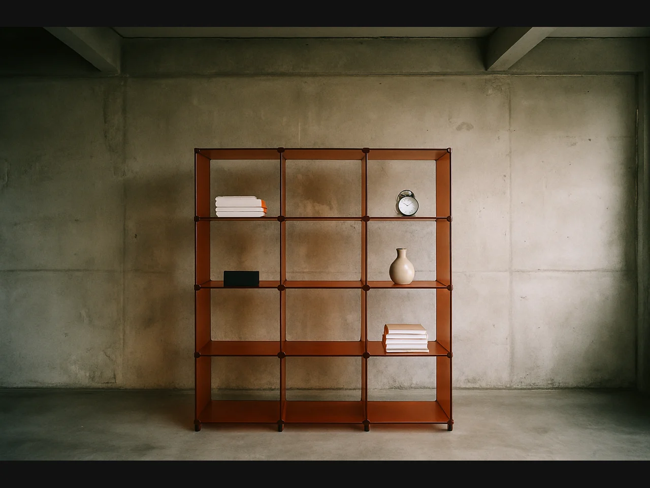 Burnt-orange modular shelving against a raw concrete loft wall